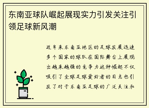 东南亚球队崛起展现实力引发关注引领足球新风潮