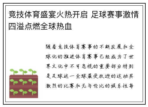 竞技体育盛宴火热开启 足球赛事激情四溢点燃全球热血