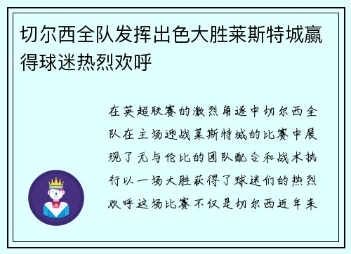 切尔西全队发挥出色大胜莱斯特城赢得球迷热烈欢呼