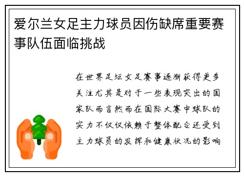 爱尔兰女足主力球员因伤缺席重要赛事队伍面临挑战