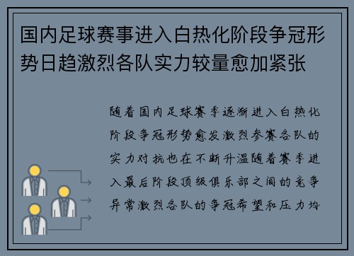 国内足球赛事进入白热化阶段争冠形势日趋激烈各队实力较量愈加紧张