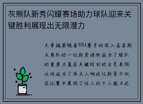 灰熊队新秀闪耀赛场助力球队迎来关键胜利展现出无限潜力