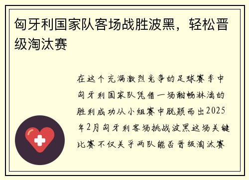 匈牙利国家队客场战胜波黑，轻松晋级淘汰赛