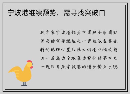 宁波港继续颓势，需寻找突破口