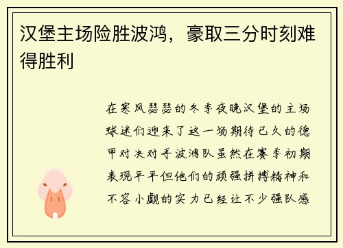 汉堡主场险胜波鸿，豪取三分时刻难得胜利
