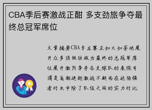 CBA季后赛激战正酣 多支劲旅争夺最终总冠军席位