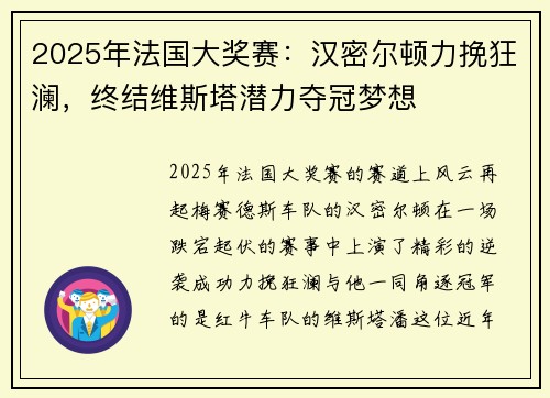 2025年法国大奖赛：汉密尔顿力挽狂澜，终结维斯塔潜力夺冠梦想